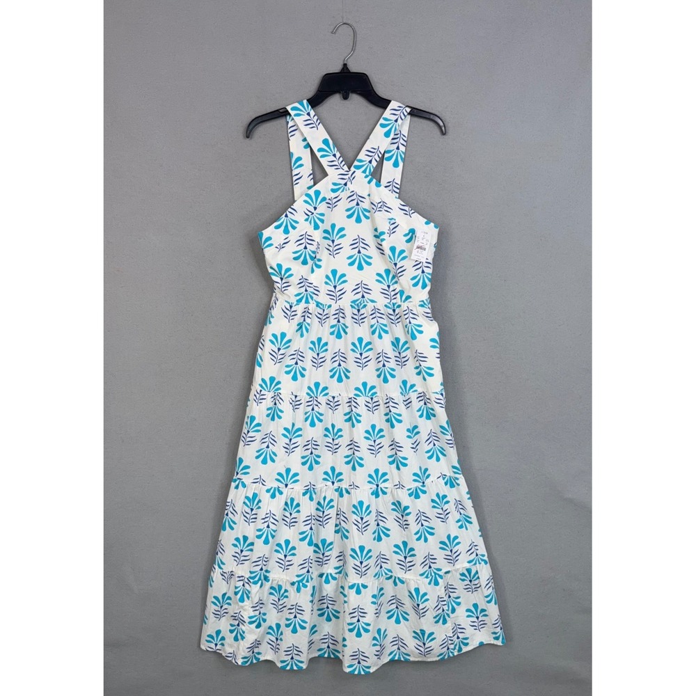 J.Crew Dress Womens 8 White Blue Floral Tiered Midi Cotton Summer Boho